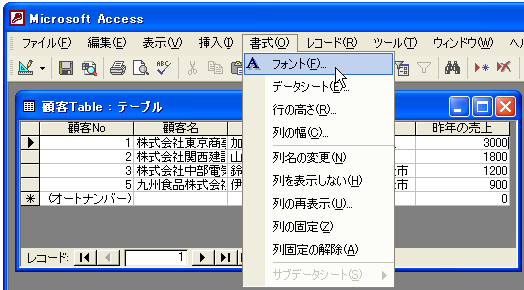 データシートビューの表示書式を指定する