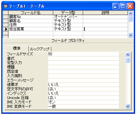 デザインビューでテーブルを定義する