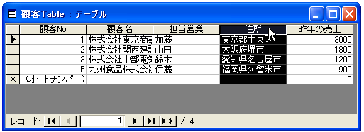 データシートビューで列を非表示にする