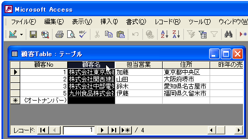 データシートビューで列を固定して表示する