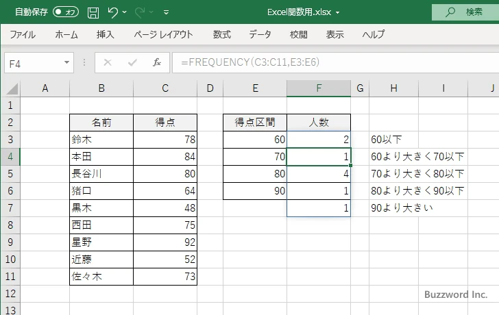 FREQUENCY関数のサンプル(5)