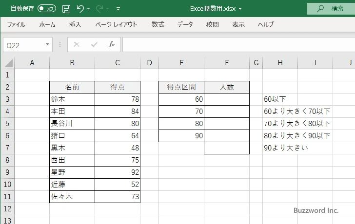FREQUENCY関数のサンプル(1)