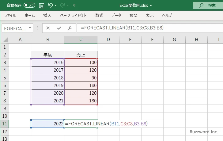 FORECAST.LINEAR関数のサンプル(2)