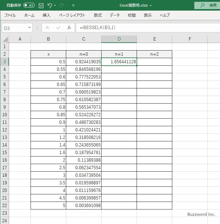 BESSELK関数のサンプル(5)