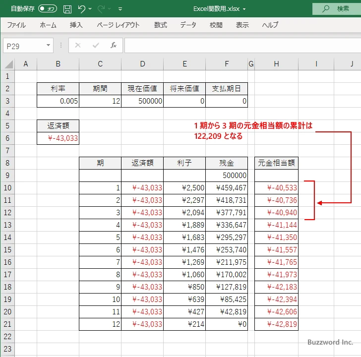 CUMPRINC関数のサンプル(3)