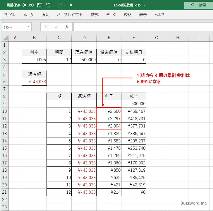 CUMIPMT関数のサンプル(3)