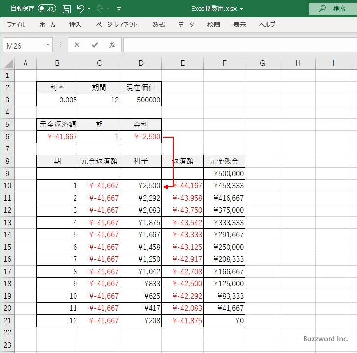 ISPMT関数のサンプル(4)