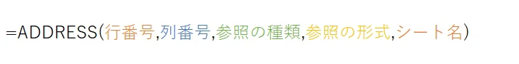 ADDRESS(行番号,列番号,参照の種類,参照形式,シート名)