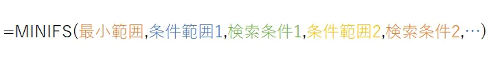 MINIFS(最小範囲,条件範囲1,検索条件1,条件範囲2,検索条件2,・・・)