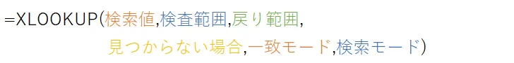 XLOOKUP(検索値,検査範囲,戻り範囲,見つからない場合,一致モード,検索モード)