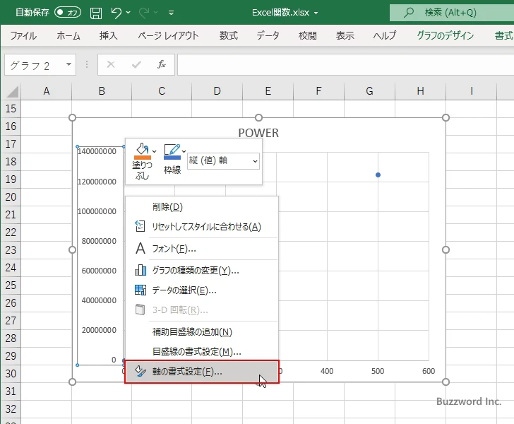 べき乗のグラフを両対数グラフに変更する(2)