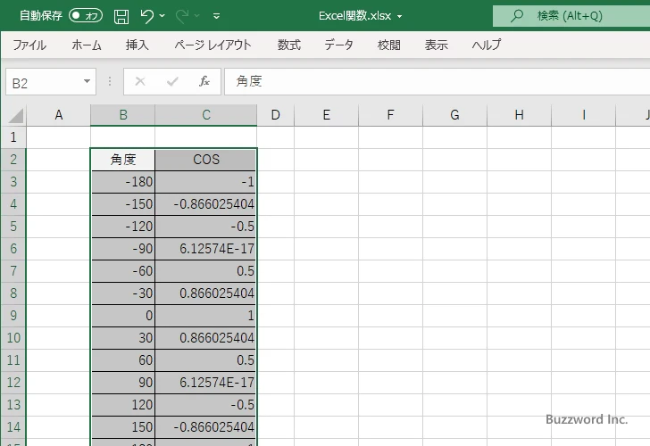 COS関数を使ってコサインのグラフを作成する(5)