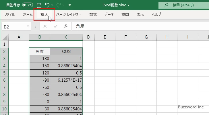 COS関数を使ってコサインのグラフを作成する(7)