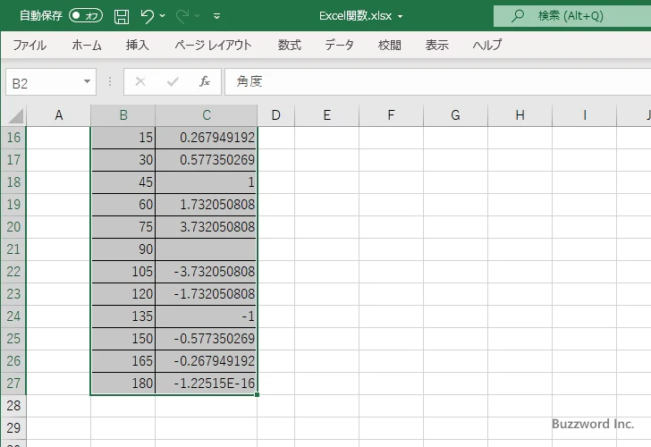 TAN関数を使ってタンジェントのグラフを作成する(6)
