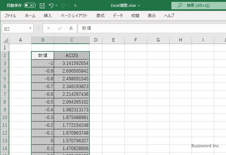 ACOS関数を使ってアークコサインのグラフを作成する(5)