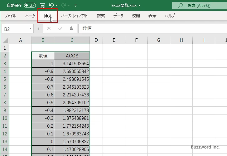 ACOS関数を使ってアークコサインのグラフを作成する(7)