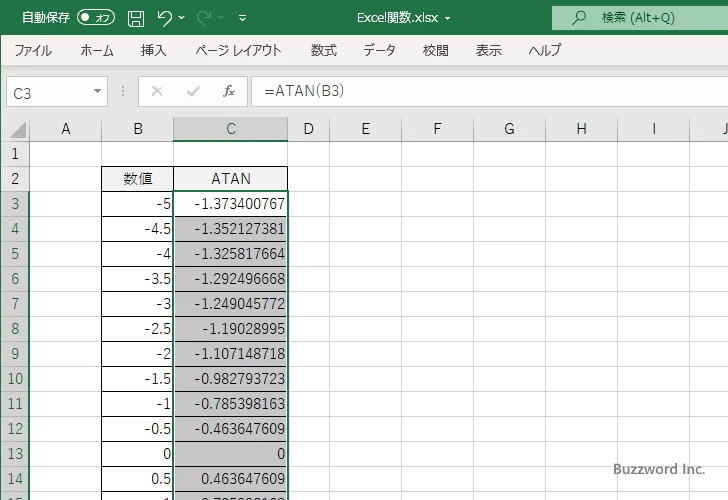 ATAN関数を使ってアークタンジェントのグラフを作成する(4)