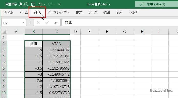 ATAN関数を使ってアークタンジェントのグラフを作成する(7)