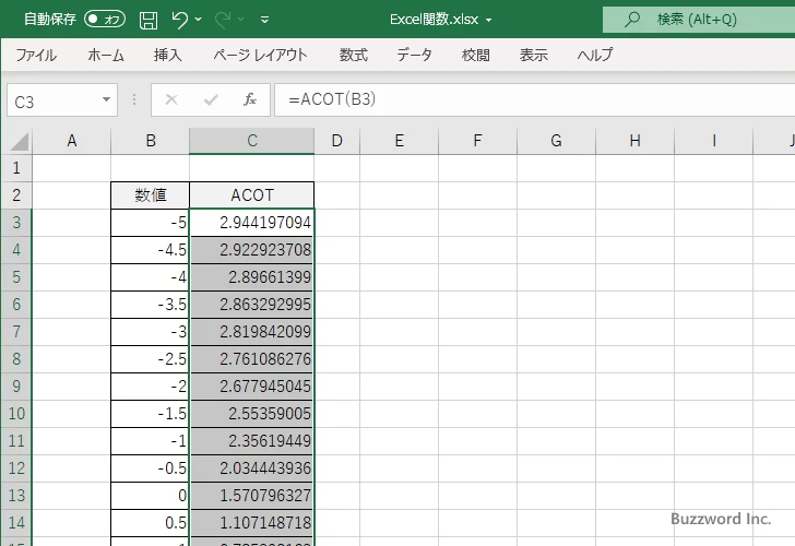 ACOT関数を使ってアークコタンジェントのグラフを作成する(4)