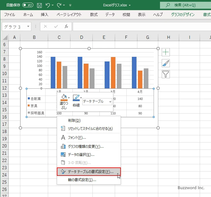 データテーブルの罫線の表示方法を設定する(3)
