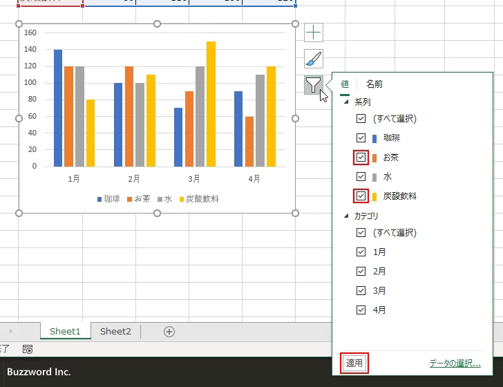グラフの項目とデータ系列を一時的に非表示にする(6)