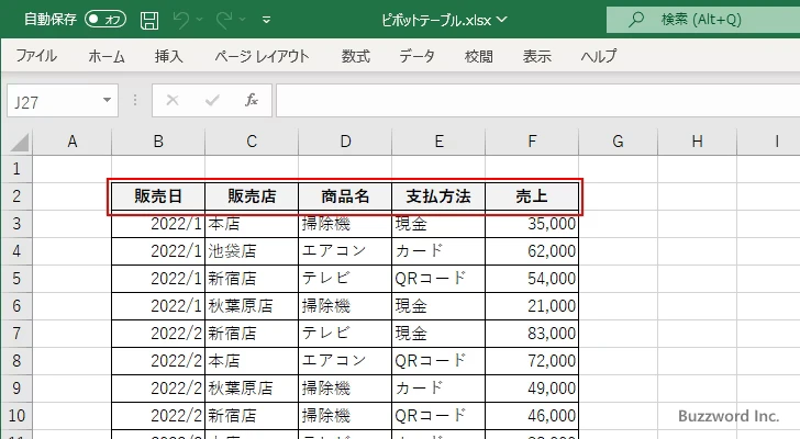 ピボットテーブルの作成画面を表示する(2)