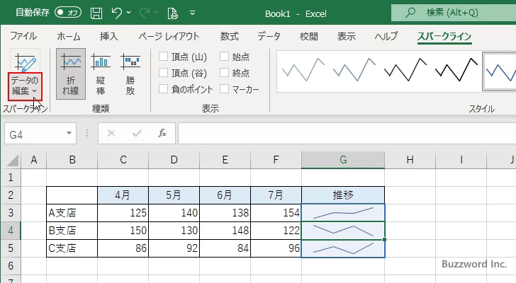 スパークラインのデータ範囲を編集する(2)