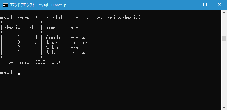 結合するカラム名が二つのテーブルで同じ場合(USING)(3)