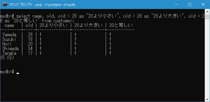 大小および等しいかどうかの比較(3)