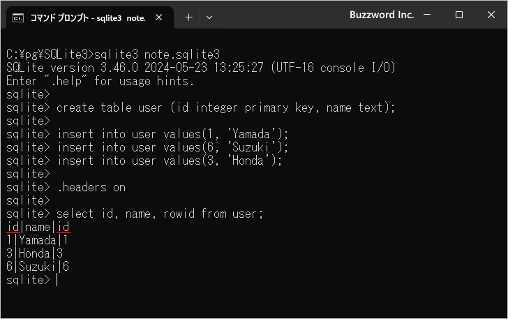 ROWIDの参照とINTEGER PRIMARY KEYとの関係(3)