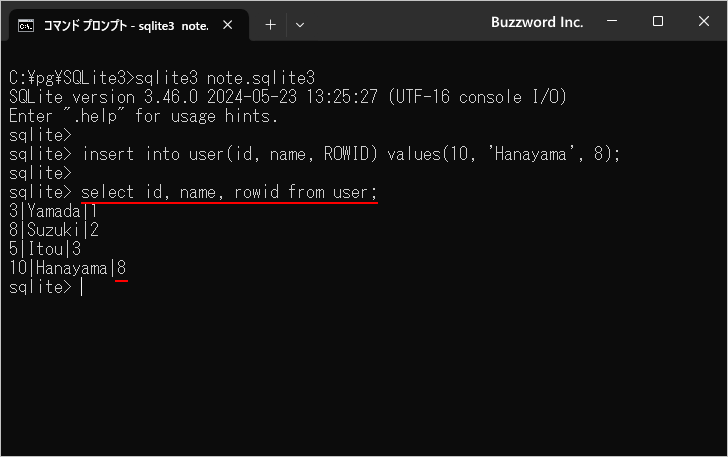 ROWIDの参照とINTEGER PRIMARY KEYとの関係(1)